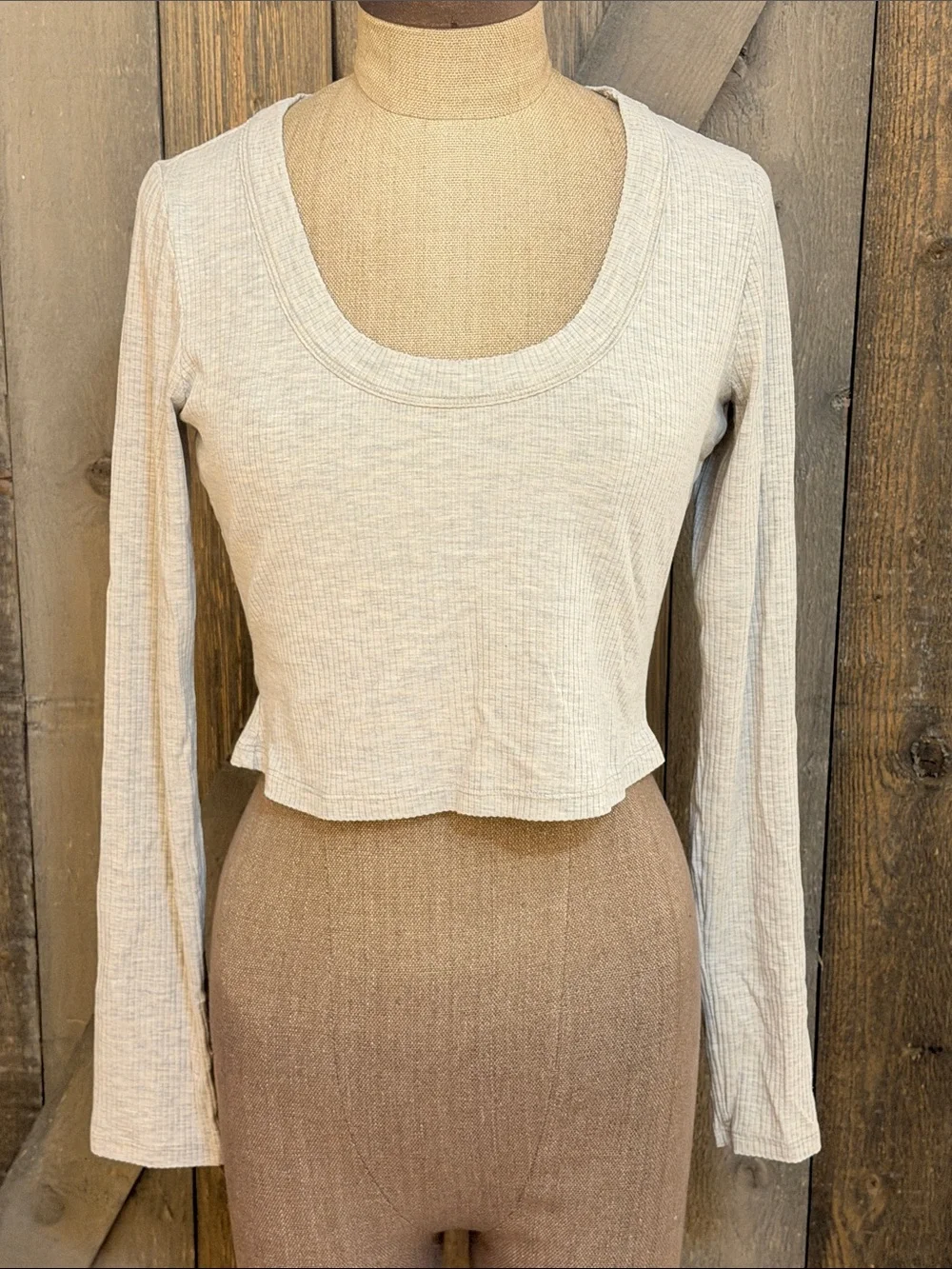 Reformation Ribbed Scoop Neck Tencel Long Sleeve Crop Top Gray Fitted Medium
